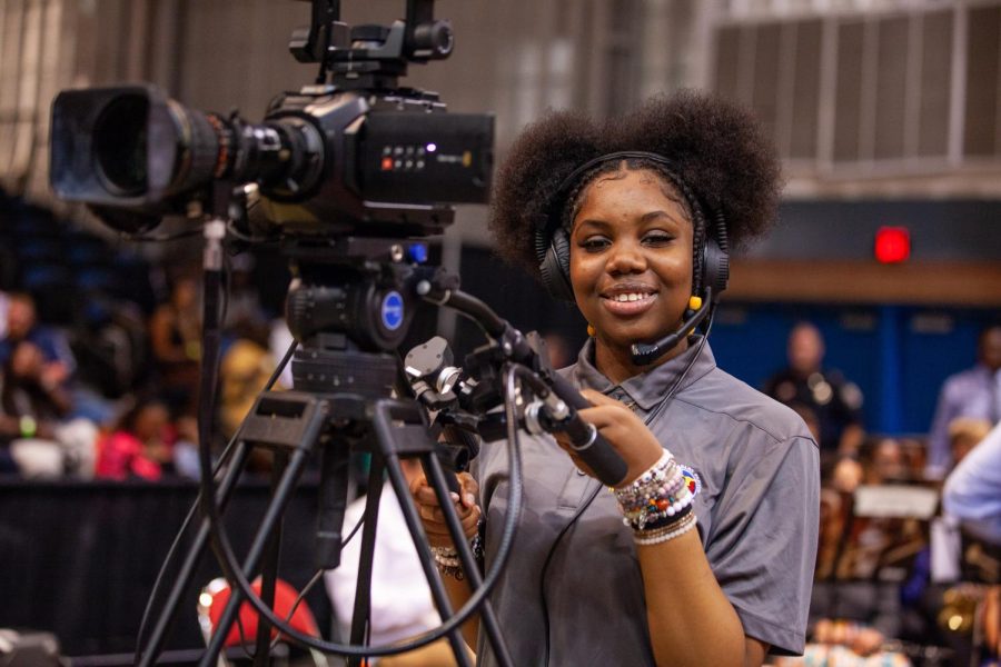 HHS TV Productions student Diamond Scott working the wide shot